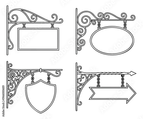 Outline icon set of 4 vintage hanging signs featuring ornate wrought iron brackets with shield, oval, arrow and rectangle frames for retro business design
