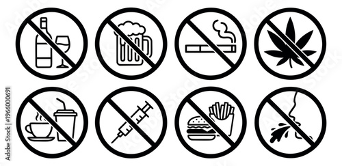 Flat icon set of 8 prohibition signs featuring alcohol, smoking, cannabis, coffee, drugs, junk food and vaping symbols for rules and restriction design
