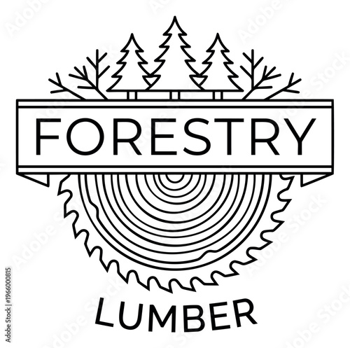 Line art illustration of forestry lumber logo depicting pine trees and saw blade with wood grain rings for woodworking and timber industry design
