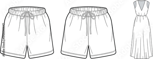 Technical fashion sketch of drawstring shorts and sleeveless maxi dress, garment design illustration, apparel production template