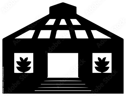 Solid black filled icon of modern courtyard exterior with enclosed patio and leafy details on white background