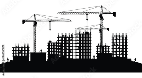 A stark black silhouette depicts construction cranes and unfinished buildings against a bright white background silhouette high quality professional detailed modern