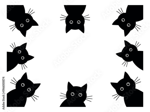Silhouette border frame of 8 peeking black cats featuring curious spying poses for Halloween and pet design
