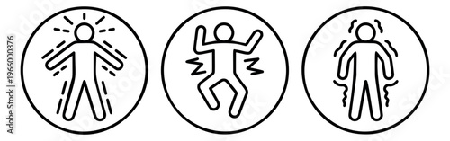 Outline icon set of 3 electric shock symbols featuring electrocution, convulsion and current hazard concepts for safety and medical design