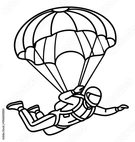 Cartoon outline illustration of a skydiver depicting parachute descent and freefall action for adventure and sport design