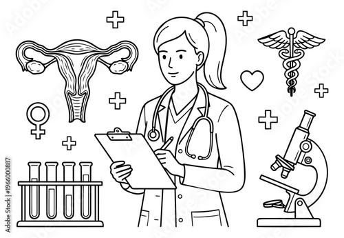 Outline illustration of a female gynecologist depicting women's health and medical examination concepts for healthcare design