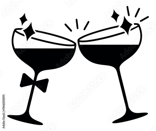 Silhouette illustration of two clinking champagne coupes depicting a celebratory toast with sparkles for party and wedding design