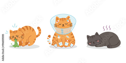 Collection of sick cat illustrations. A vomiting cat, a cat that underwent surgery. Flat vector illustration