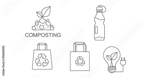 Minimalist ecology line icons set, composting and recycling symbols, sustainable living vector elements for green energy and zero waste
