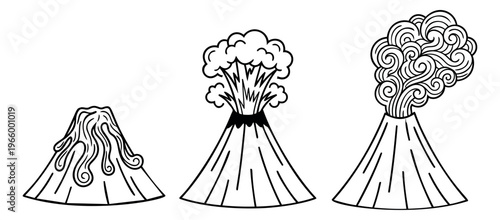 Outline icon set of 3 volcanoes featuring lava flow, eruption blast and smoke cloud stages for nature and geology design