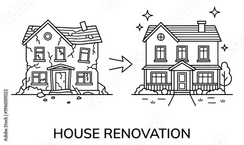 Outline illustration of house renovation depicting before and after transformation from damaged to restored building for real estate design