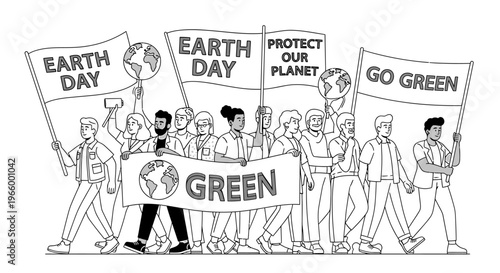 Earth Day environmental protest vector, diverse crowd of activists holding Go Green signs and banners, climate change demonstration illustration