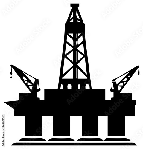 Solid black filled icon of offshore arctic drilling ice platform with derrick and cranes on white background for environmental or industrial concepts