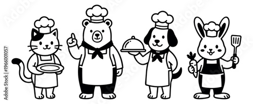 Cartoon icon set of 4 animal chef characters featuring cat, bear, dog and rabbit in cooking uniforms for food and restaurant design