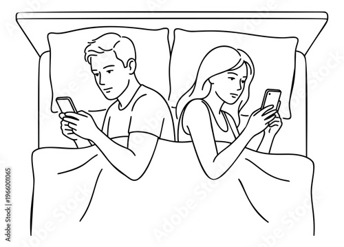 Line art illustration of couple in bed depicting smartphone addiction and digital disconnection for relationship and lifestyle design