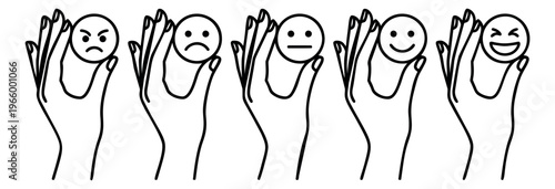 Outline icon set of 5 emoji faces held by hands depicting emotion scale from angry to happy for feedback design