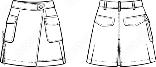 Technical fashion sketch of flared skirt with flap pockets, belt loops, button closure, topstitching, front and back views