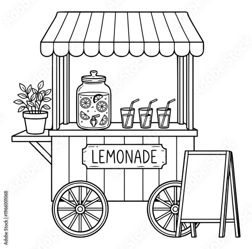 Outline illustration of a lemonade stand cart depicting a wheeled vendor stall with striped awning and beverage dispenser for summer retail design