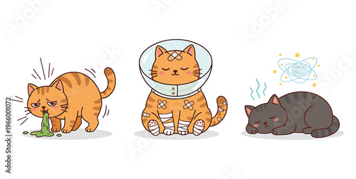 Collection of sick cat illustrations. A vomiting cat, a cat that underwent surgery. Flat vector illustration