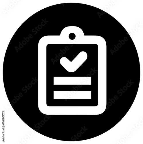 Solid black filled icon of a clipboard with a checklist and checkmark in a circular frame on white background