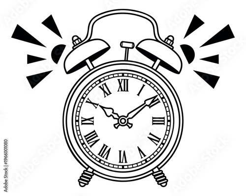 Outline illustration of a ringing vintage alarm clock depicting time and urgency for schedule and reminder design
