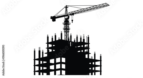 A stark black silhouette of a construction crane over a partially built concrete structure showcasing urban development silhouette high quality professional