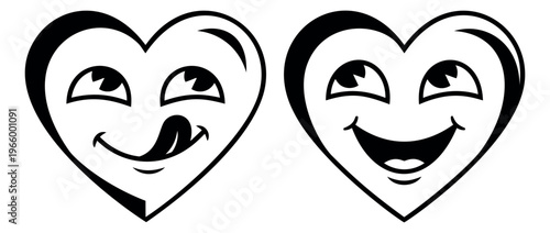 Cartoon illustration set of 2 expressive heart faces depicting playful smiling emotions for valentine and love design