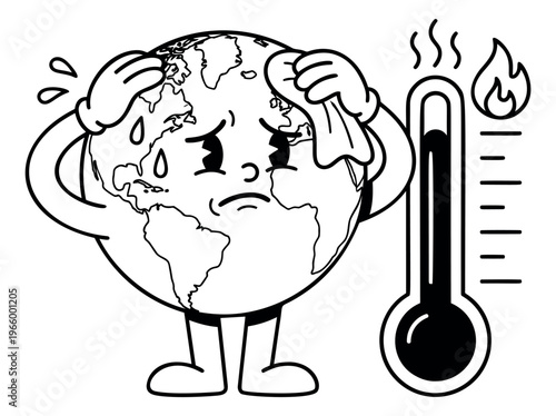 Cartoon illustration of distressed Earth character depicting global warming with thermometer for climate change awareness