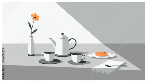 Still life with tea cups and flowers.