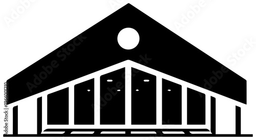 Solid black filled icon of a bus depot or transit center with a triangular roof and circular skylight