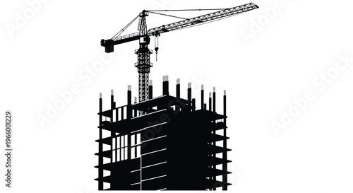A stark black silhouette of a construction site featuring a tower crane and building framework silhouette high quality professional detailed modern