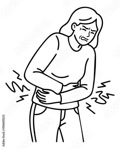 Outline illustration of a woman depicting stomach pain and abdominal cramps for medical and healthcare design