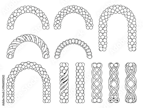 Outline icon set of 13 balloon arch and column designs featuring twisted braided and clustered arrangements for party decoration