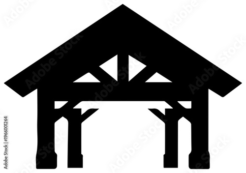 Solid black filled icon of carport covered vehicle parking shelter roof structure