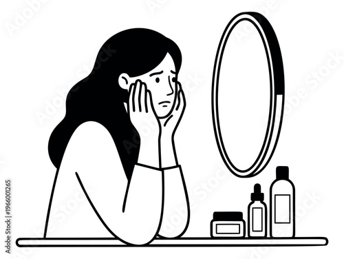 Line art illustration of woman examining her skin depicting beauty concern and skincare routine for wellness and cosmetic design