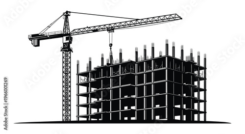 A black and white illustration depicts a construction site with a crane and unfinished concrete building silhouette high quality professional detailed