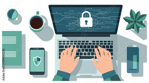 Hands typing on laptop with security lock on screen.