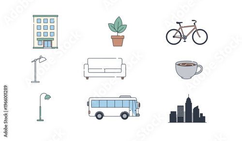 City life icons and transportation methods.