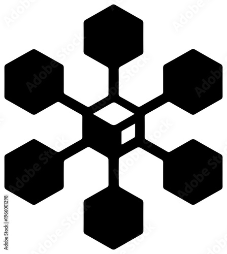 Black icon of interconnected hexagons forming a network representing edge cache distribution and cdn technology on a white background