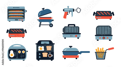 Collection of various kitchen appliances and gadgets for cooking and food preparation.