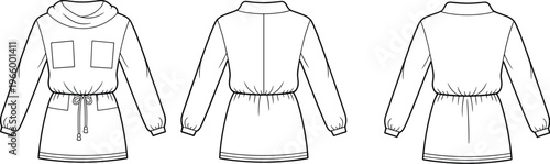 Technical fashion sketch of long sleeve tunic dress with cowl neck, drawstring waist, pockets, back seam, toggles