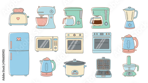 Colorful kitchen appliances icons set.