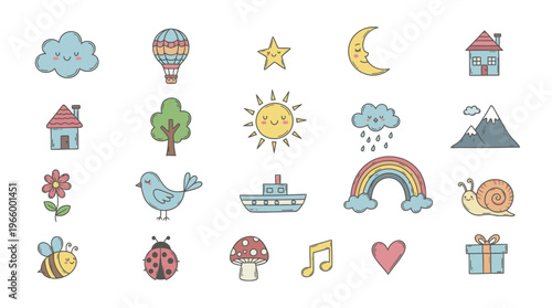 Colorful icons of nature and objects.