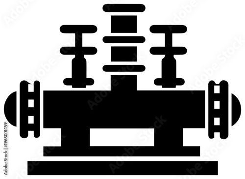 Solid black filled icon of industrial compressor station unit machinery and equipment isolated on white background