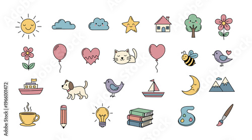 Colorful icons of objects and animals.