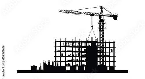 A striking black silhouette depicts a construction site with a towering crane and unfinished building structure silhouette high quality professional detailed