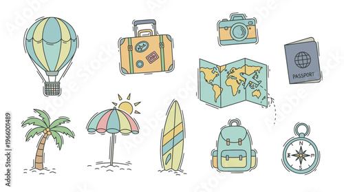 Travel and vacation icons and symbols.