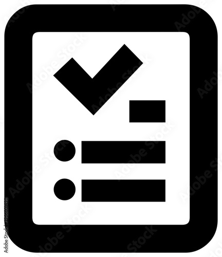 Solid black filled icon of consolidated return form with checkmark and text fields on white background for business and finance concepts