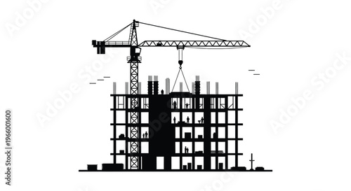 A black silhouette of a construction site featuring a crane and an unfinished building structure silhouette high quality professional detailed modern