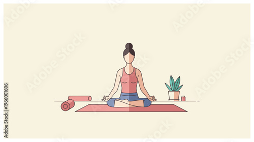 Woman sitting in yoga pose on mat.